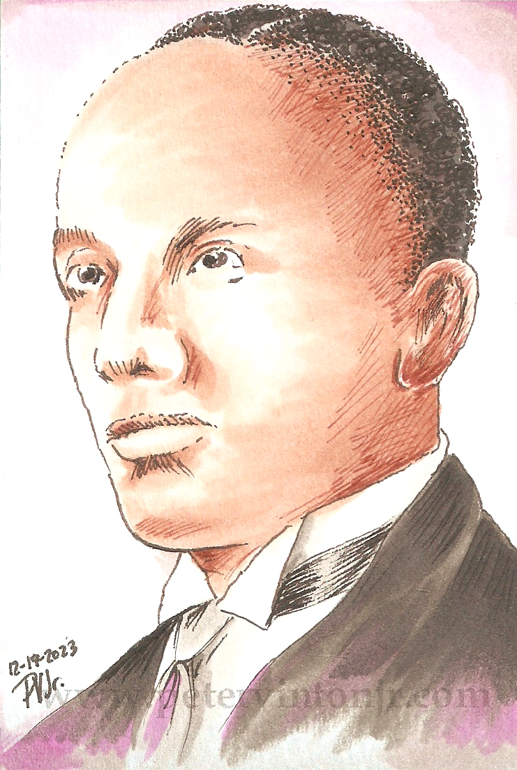 Carter Woodson.  Watercolour with some pen & ink, 2.5 in. x 3.5 in.