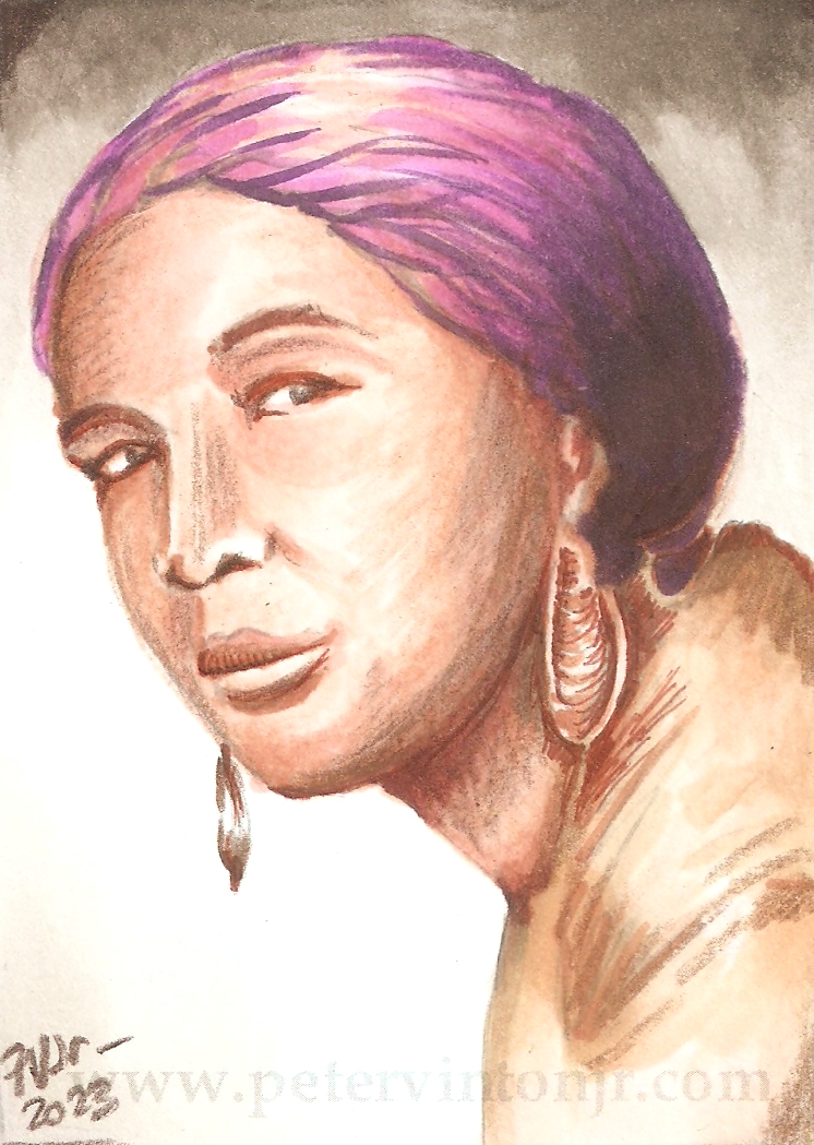 Louise Meriwether.  Watercolour with some pen & ink, 2.5 in. x 3.5 in.